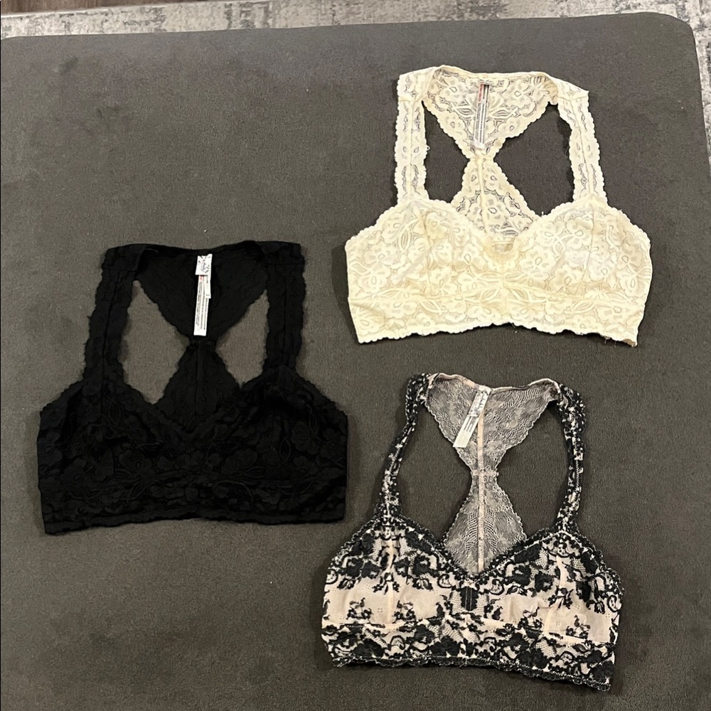 Free People Lace Bralette Set - Black, Cream, and Tan